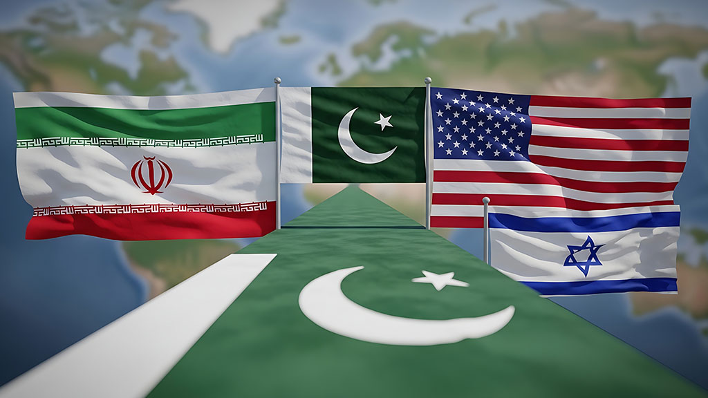 Flaggen von Iran, Pakistan, USA und Israel