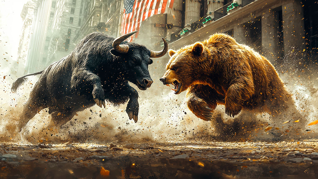 Illustration von Bulle und Bär vor der Börse in New York