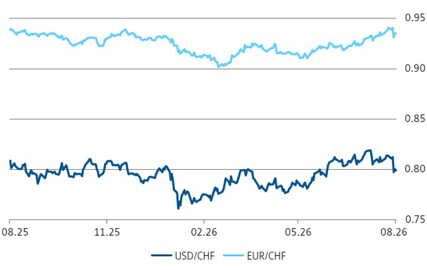 Euro und Dollar gegen Schweizer Franken über zwölf Monate