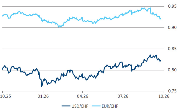 Euro und Dollar gegen Franken, 12 Monate
